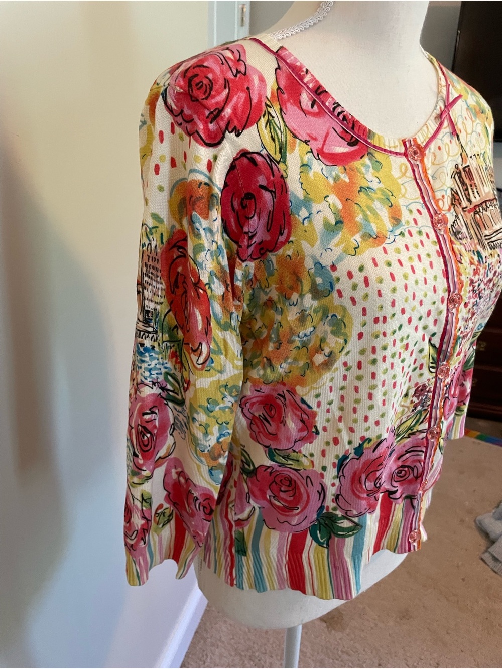 Anthropology Button up Sweater with Ribbon detail, Artsy, size L - Picture 3 of 11